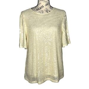 Cable & Gauge (L) Whisper Cream Sequin Sparkly Flutter Sleeve Back Keyhole Top